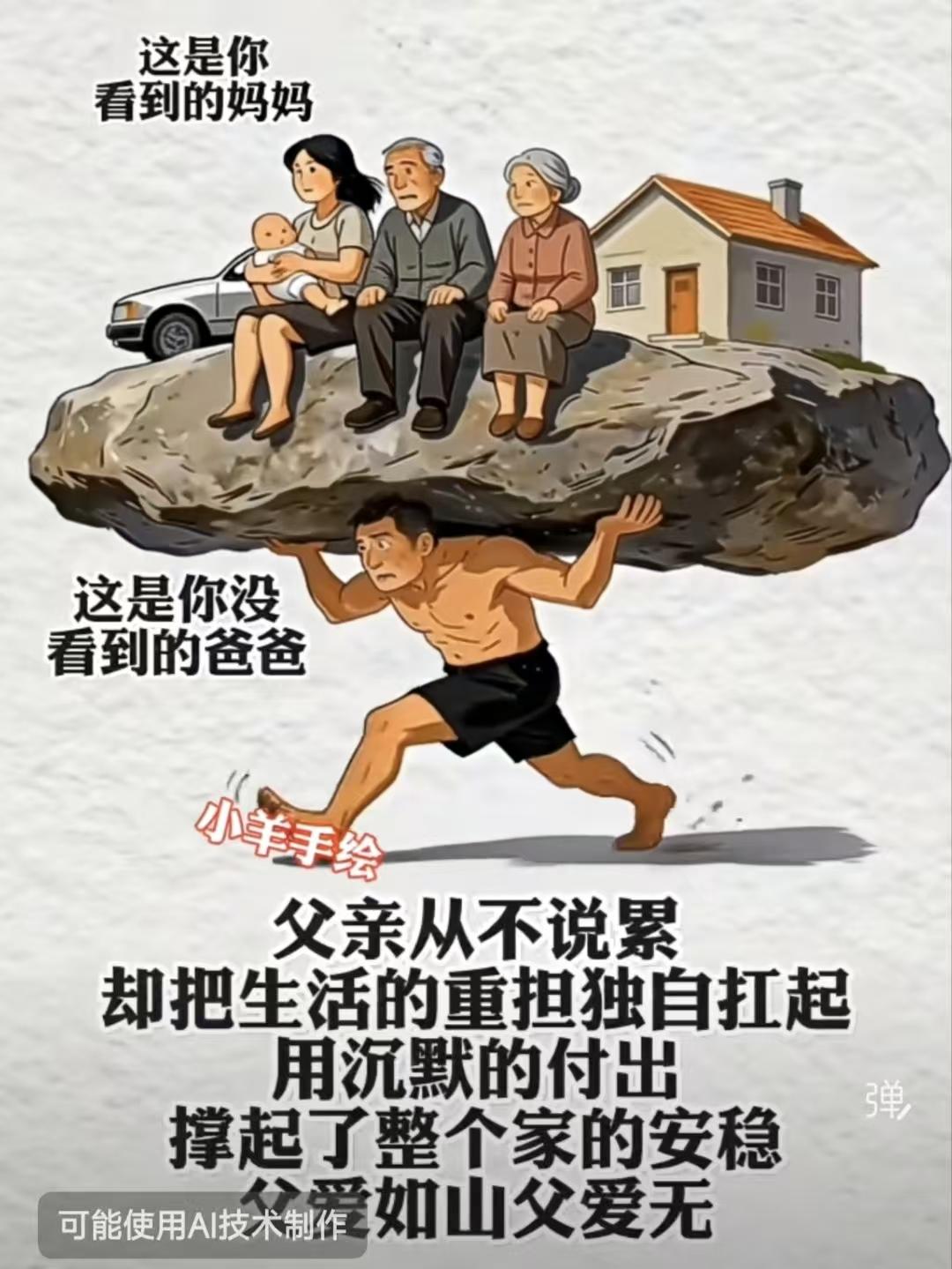 山坡羊·父爱深沉
人前谁晓，
家中操劳，
父亲默默担重道。
累难抛，苦藏牢，
生