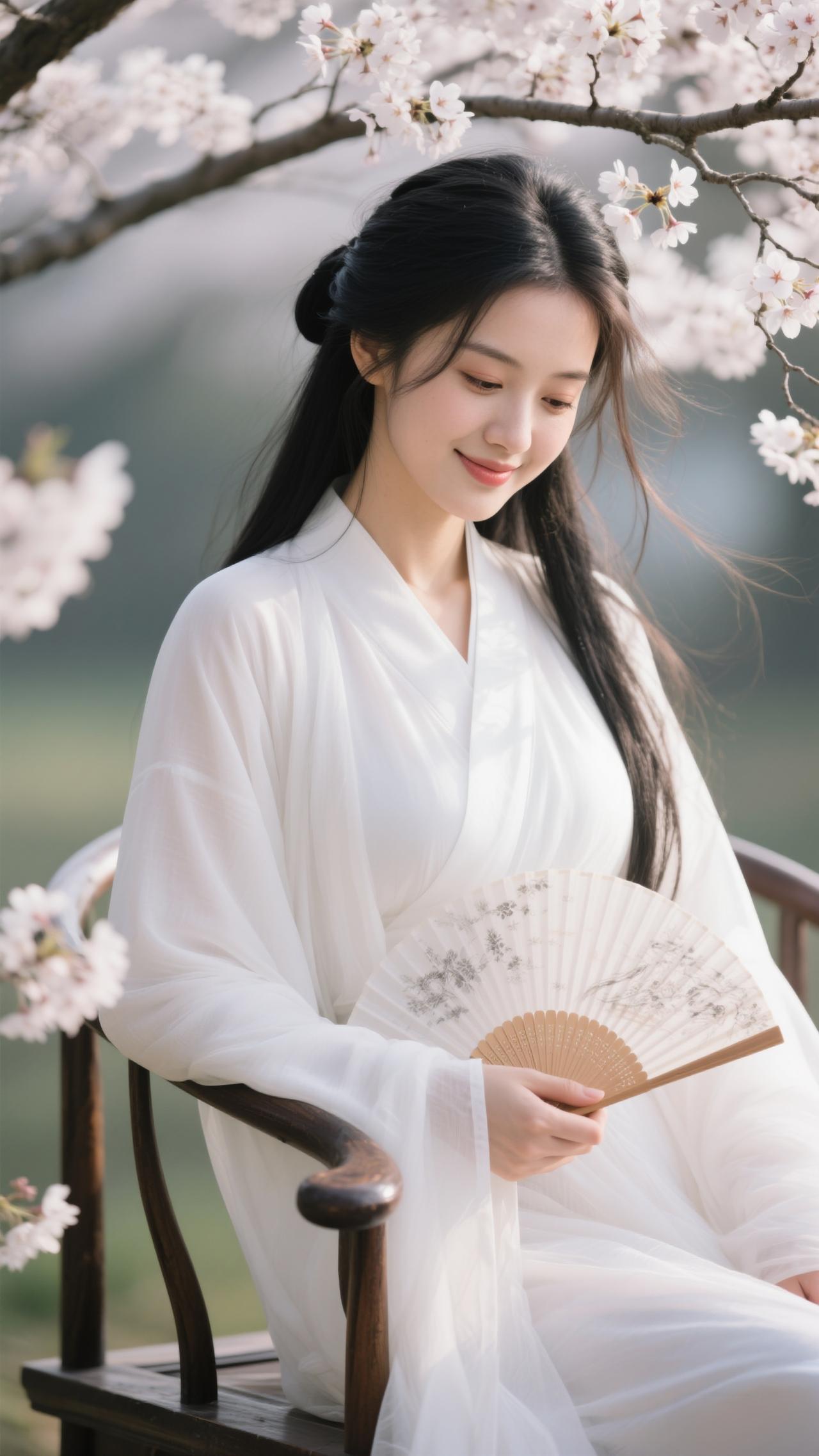 《眼儿媚·樱扇》
 
樱云垂处柳风柔，白袂惹香浮。
扇开轻素，鬓簪晴色，笑入春流