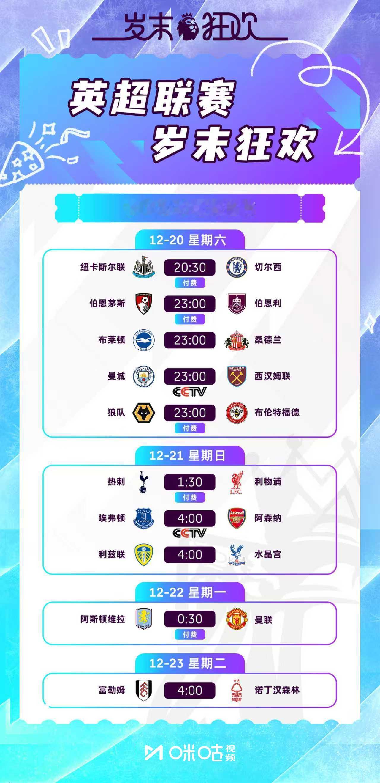 英超联赛岁末狂欢赛程开启，第17轮观赛指南已备好！