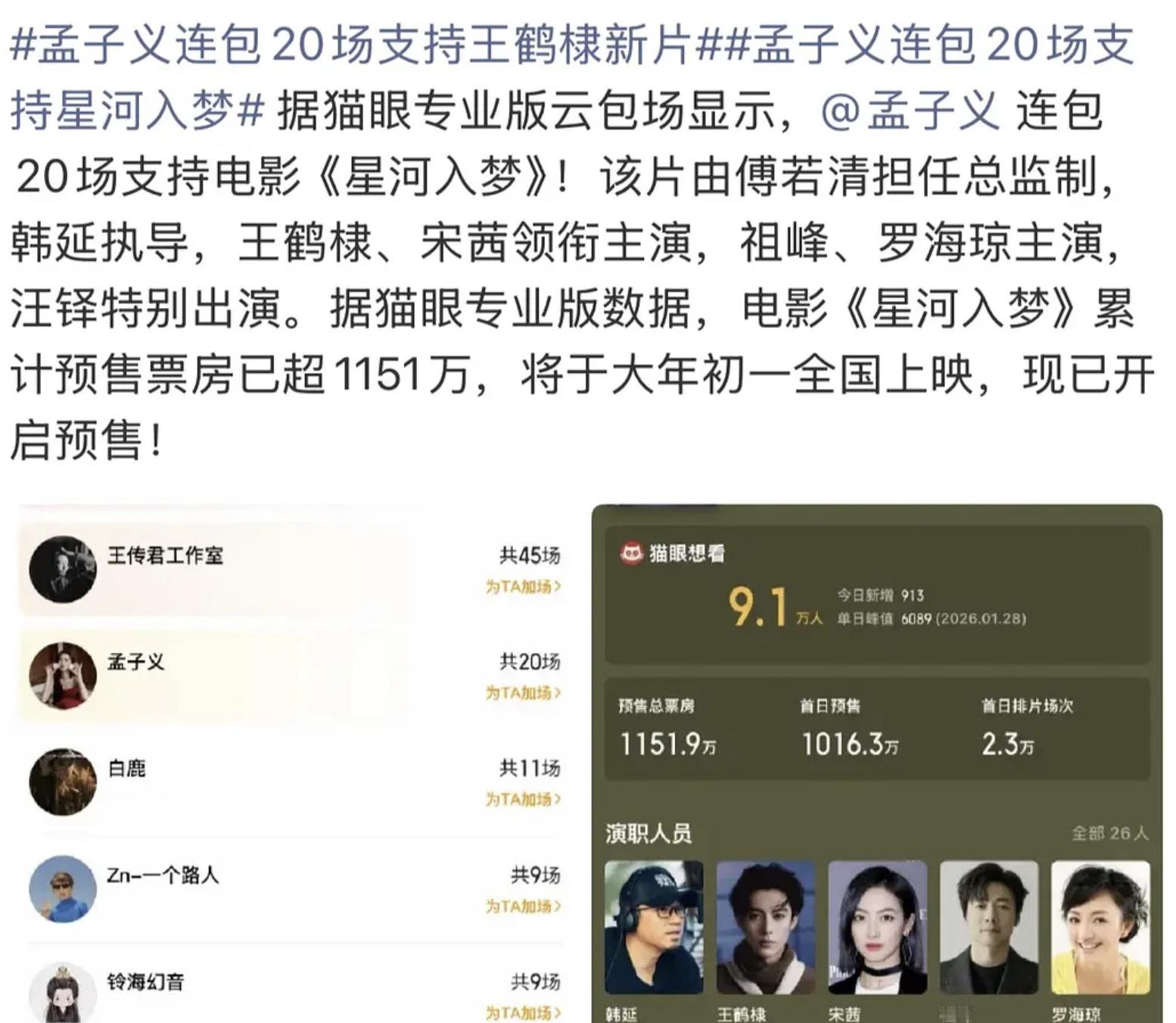 孟子义和天经棣义cp粉给王鹤棣新电影《星河入梦》包场了，这是《将门毒后》提前磕上