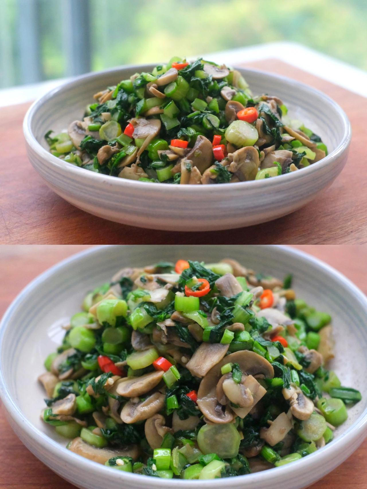 家常菜蔬食简单快手菜，口蘑菜心
食材：菜心 口蘑 小米辣
做法：1、菜心洗净切丁