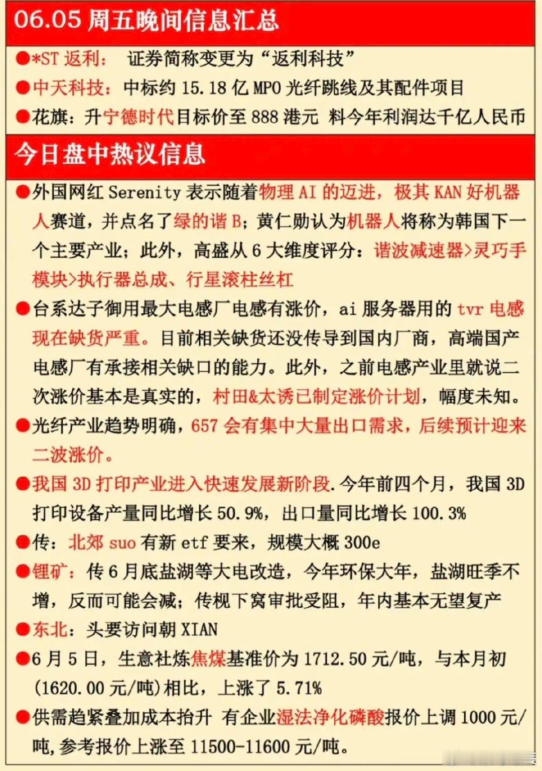 6.5周五  晚间财经信息汇总！1.物理AI2.机器人减速器3.TVR电感，缺货