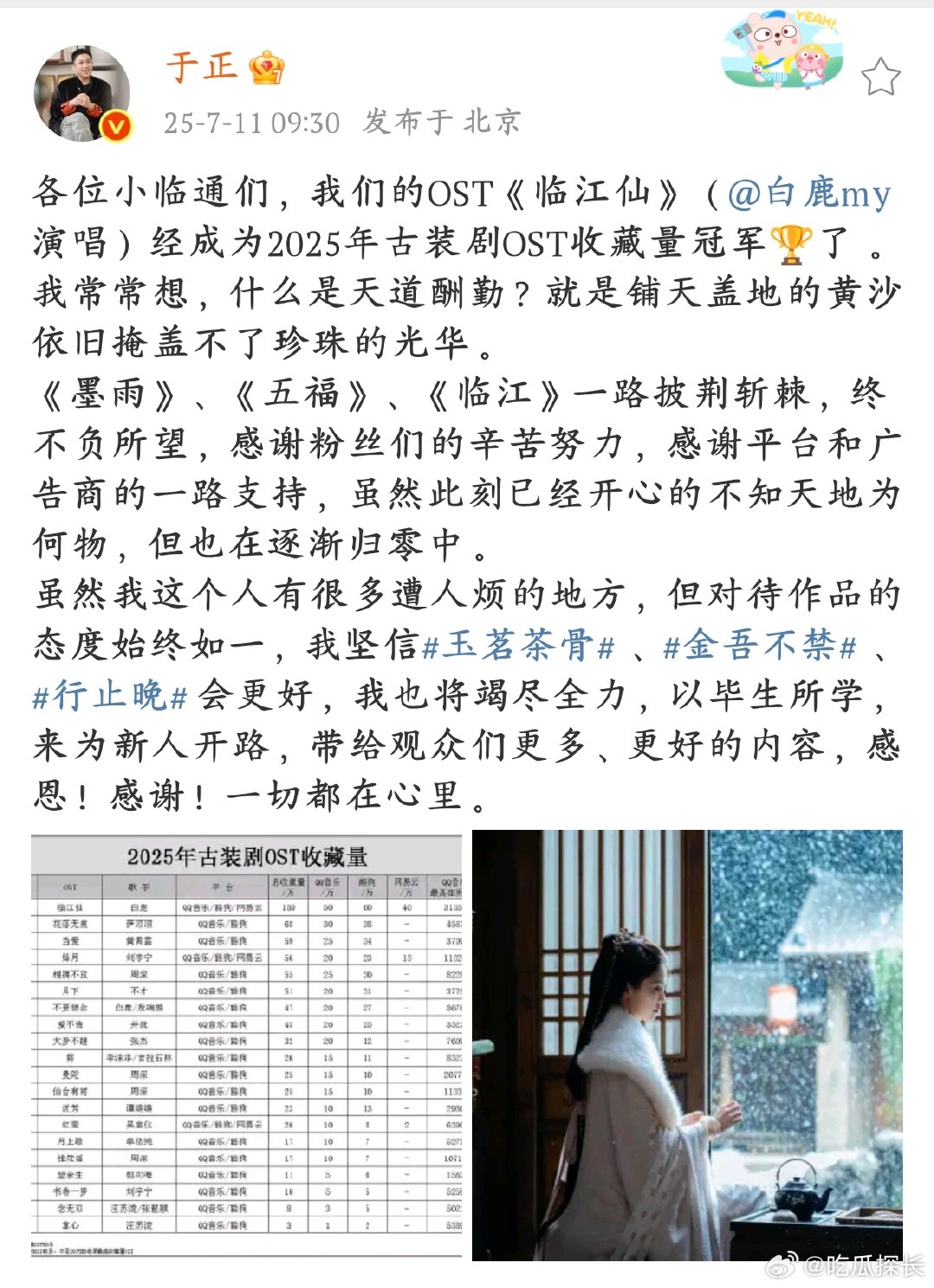 白鹿唱的OST总收藏量150万出息了！白鹿《临江仙》总收藏 150 万，成古装剧