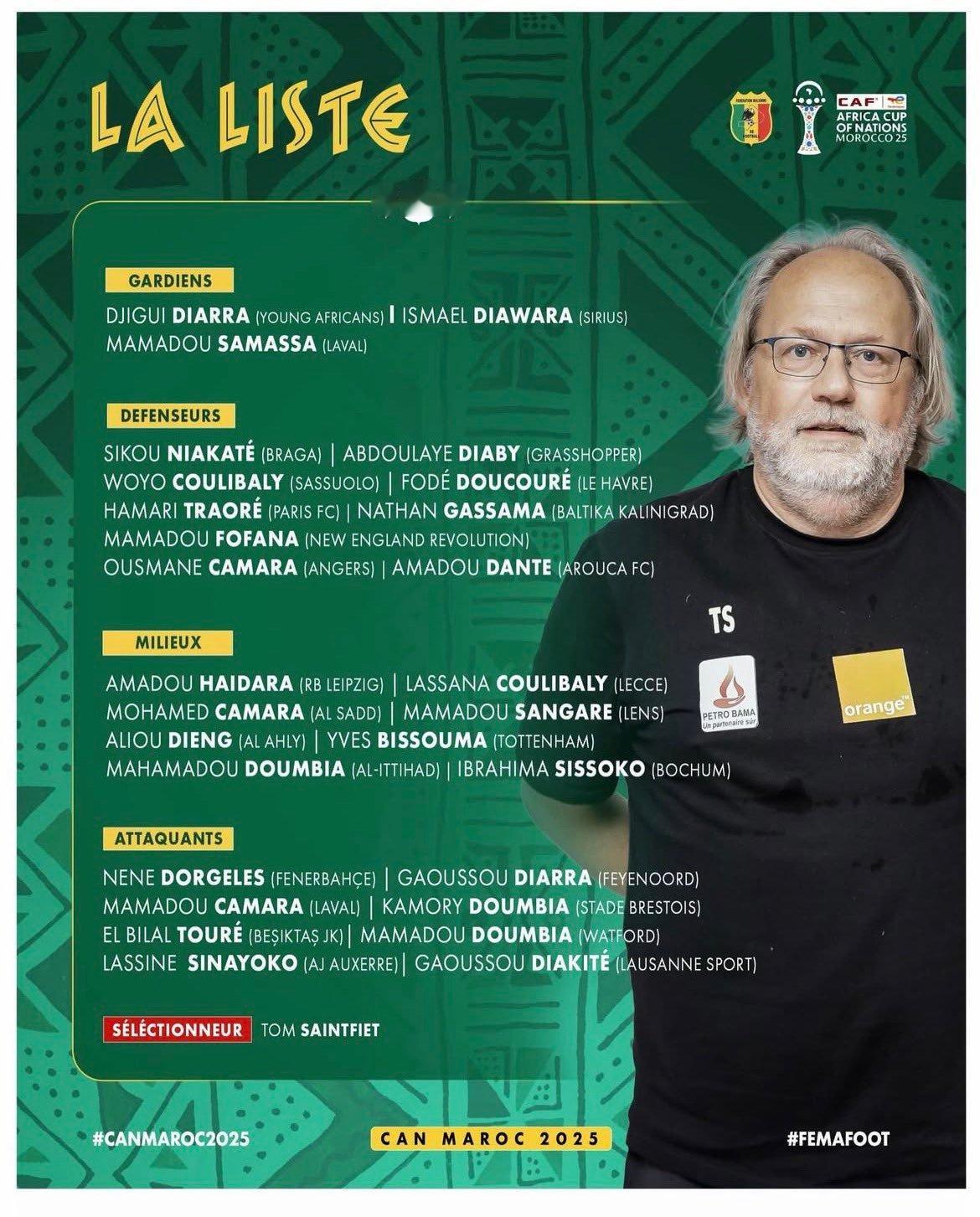 马里国家队公布非洲杯名单，比苏马入选🇲🇱马里的非洲杯征程从12月22日对阵赞