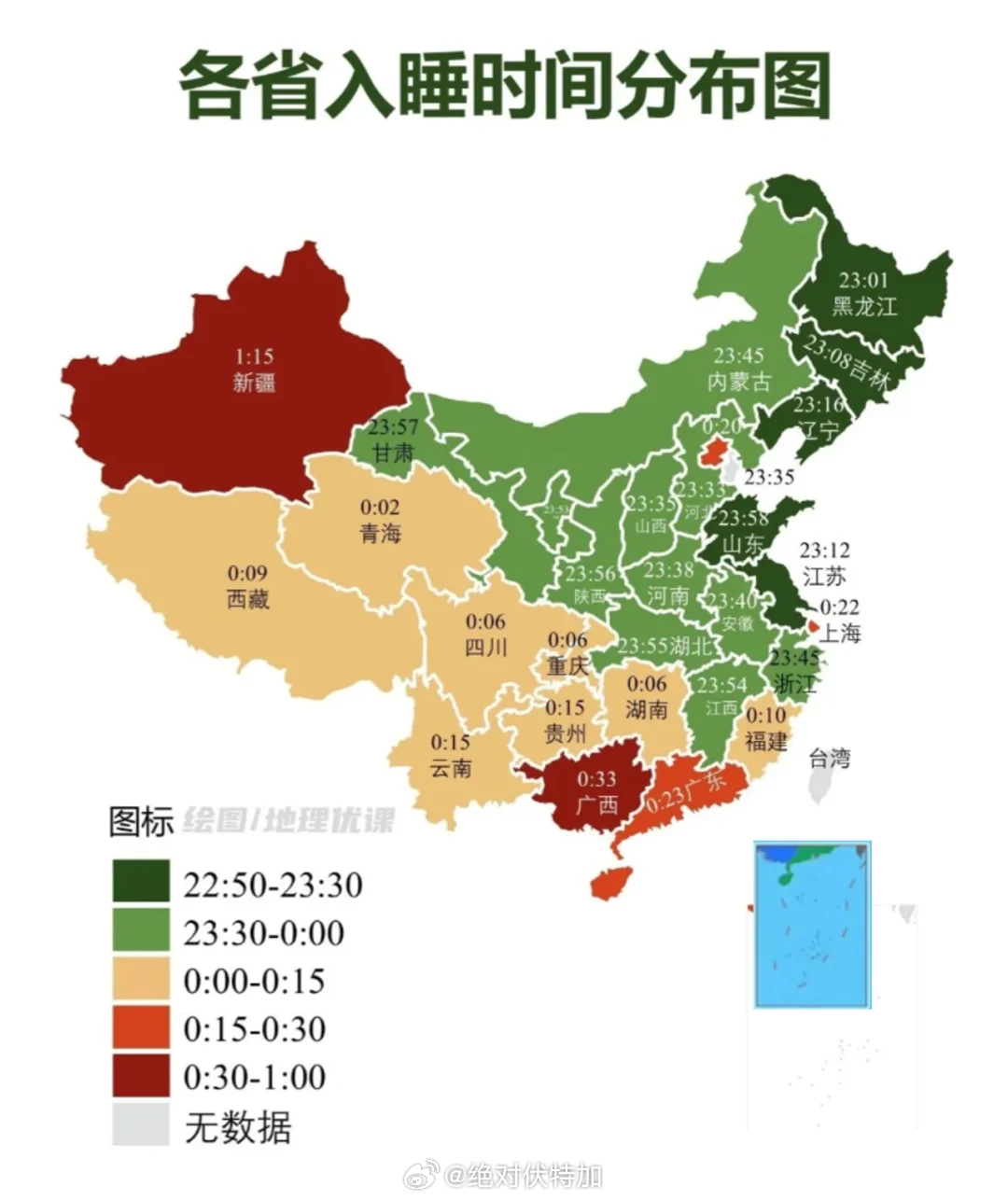 不知道哪里来的各省入睡时间统计。我就说一句，我大天津就不配分配各颜色么[挖鼻] 