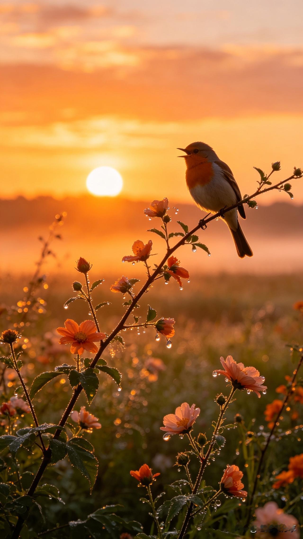 打油诗.知更报晓

枝头小鸟嗓门亮，
对着朝阳把歌唱。
露珠花儿来伴奏，
一天开