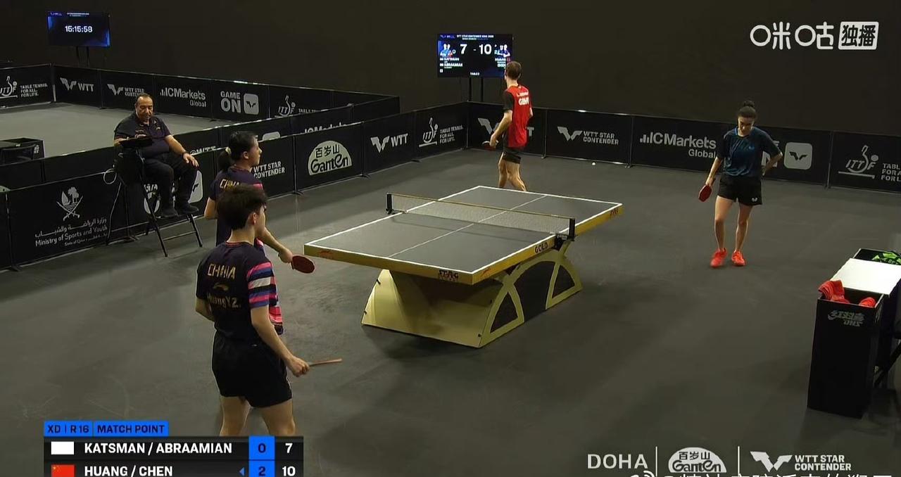 前两局黄友政/陈熠🇨🇳11-7，11-8领先俄罗斯组合卡特斯曼/阿布拉米安，