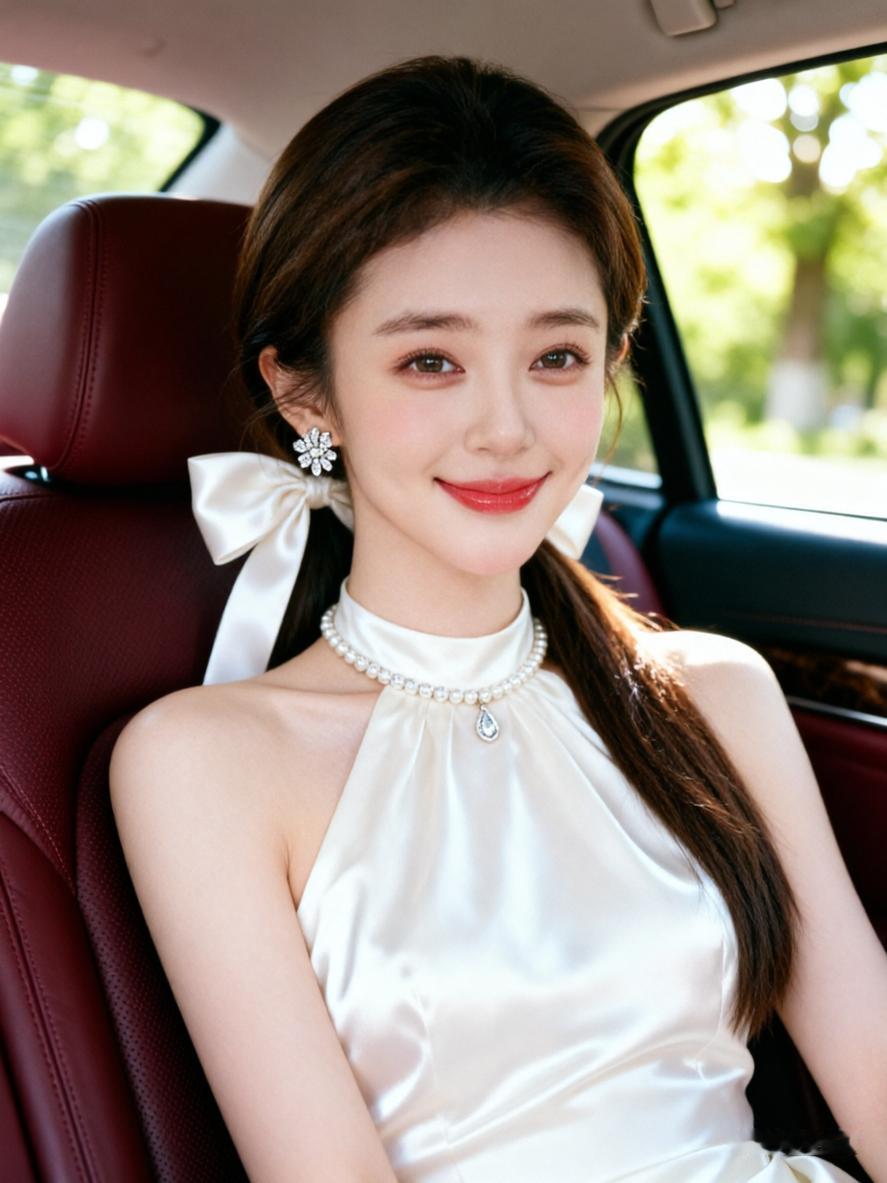 优雅车后座，甜美少女心，珍珠项链闪耀，车窗外绿意盎然。