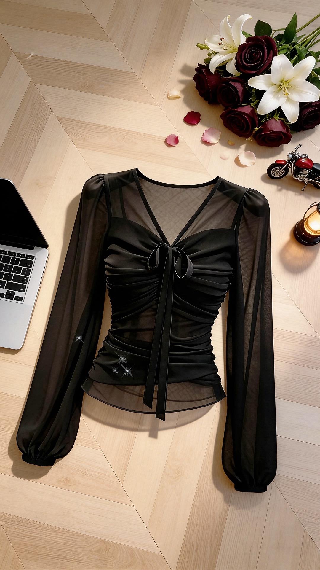 蕾丝上衣这么搭 蕾丝内搭裙美出圈 薄纱外搭 网纱内搭蕾丝上衣 法式气质绑带上衣