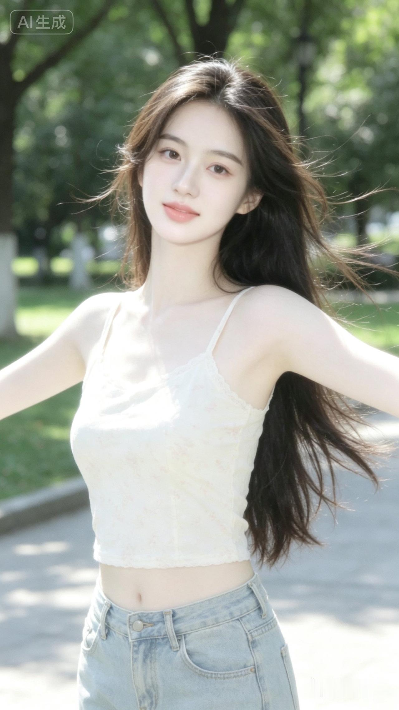 阳光明媚，长发飘飘的女孩。