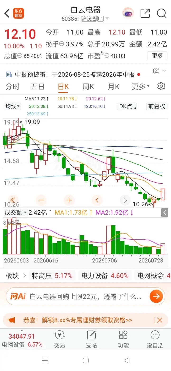 一位股民在股吧发帖，7月初在15.20元重仓打板买入白云电器2万股，足足投入30