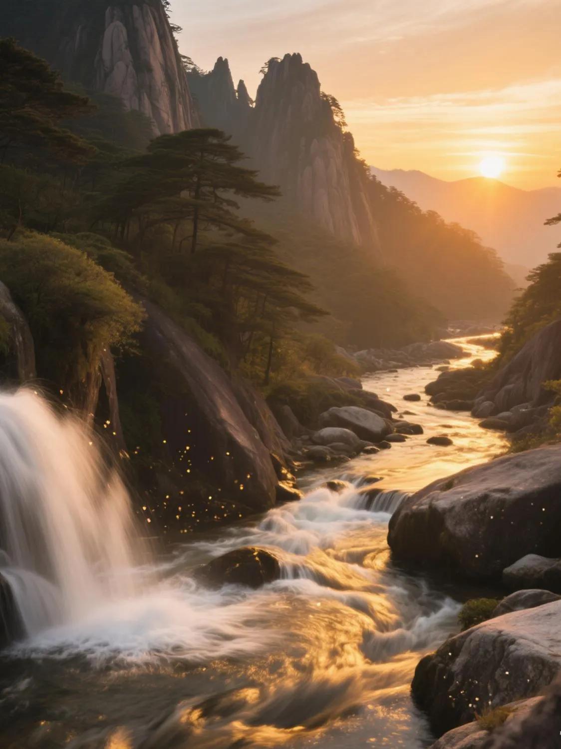  夕阳下的黄山，溪流蜿蜒如金带，瀑布飞溅成星，每一处都是诗意的绽放。黄山的落日 
