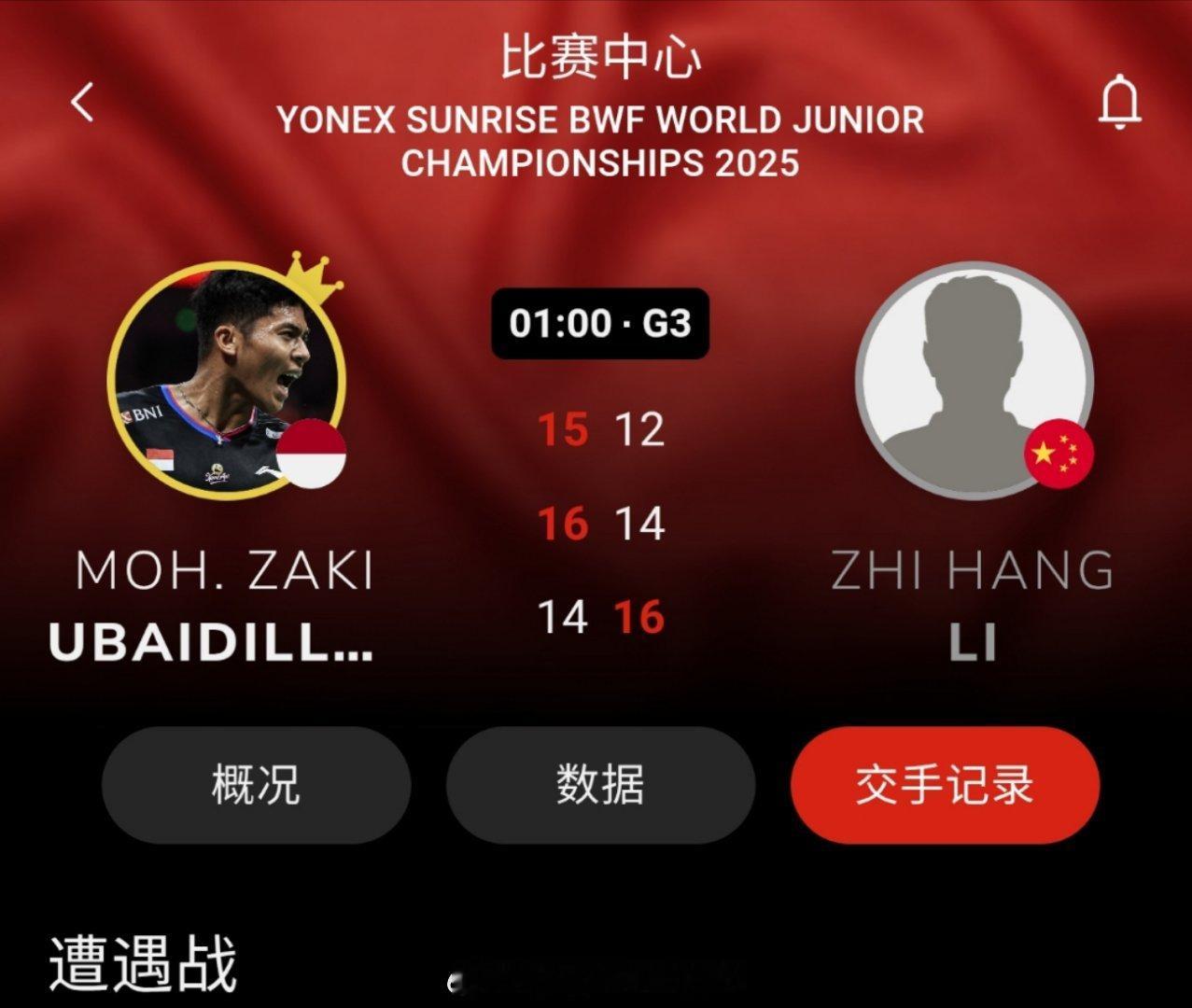 男单 半决赛 乌拜迪拉(1) 14-16 16-14 15-12 李知航2025