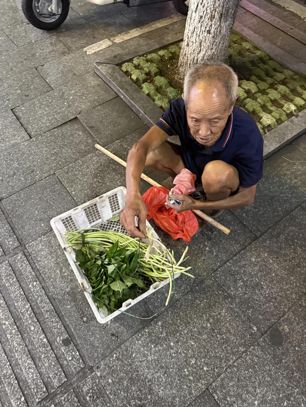 下班回家路上碰见一个老爷爷，旁边是一筐菜，我问他你在这儿买了多久啊，他说蹲了一下