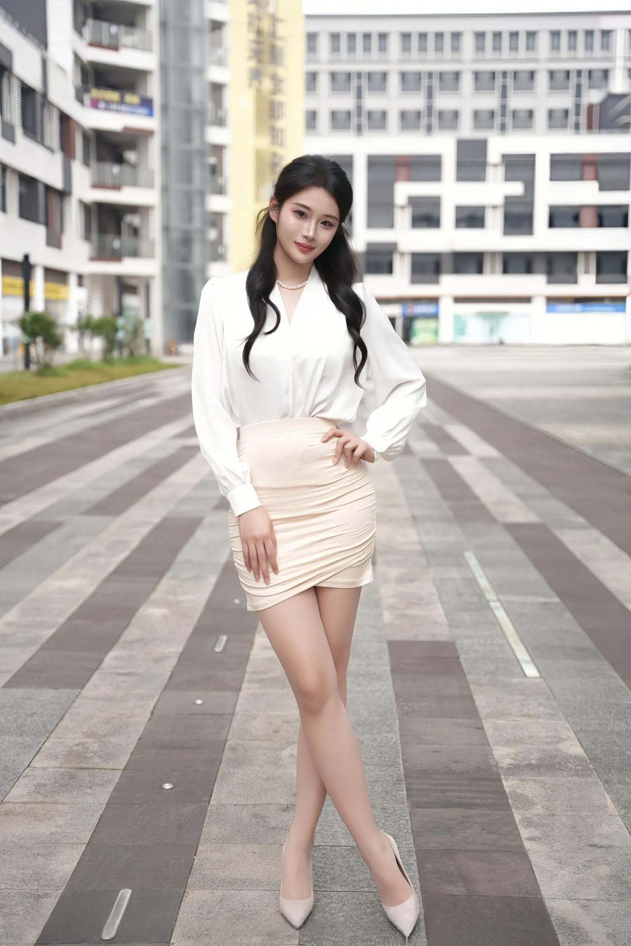 模特｜南乔 白衫米裙配高跟，都市街头尽展职场女性优雅干练。