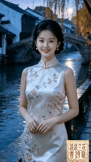 这姑娘在河边穿着旗袍，好美啊！