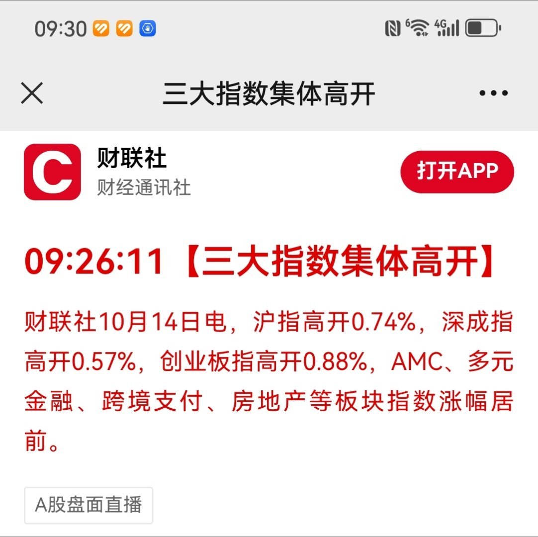 #A股行情#【三大指数集体高开】财联社10月14日电，沪指高开0.74%，深成指