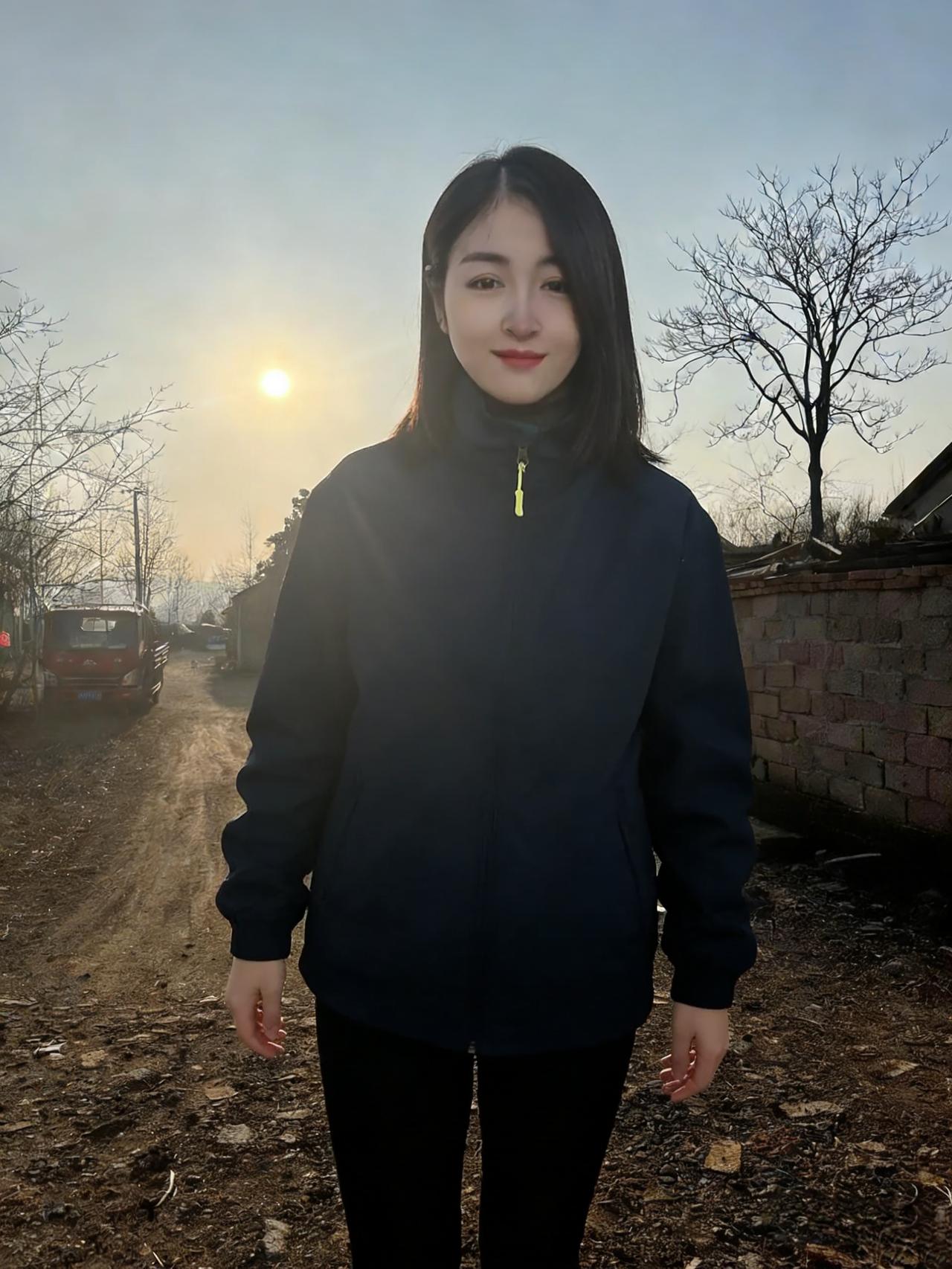 藏青的外套，裹住村道的荒凉
暖阳在身后，把她的轮廓描亮
发是墨色的绸，垂在肩头