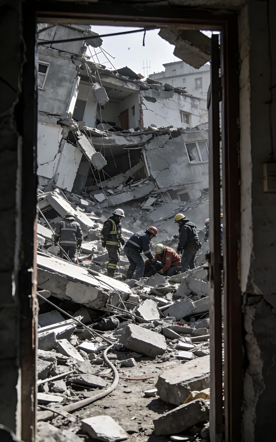 救援现场：勇敢的消防员在废墟中寻找生还者他们的身影在残垣断壁间穿梭，每一步都小心