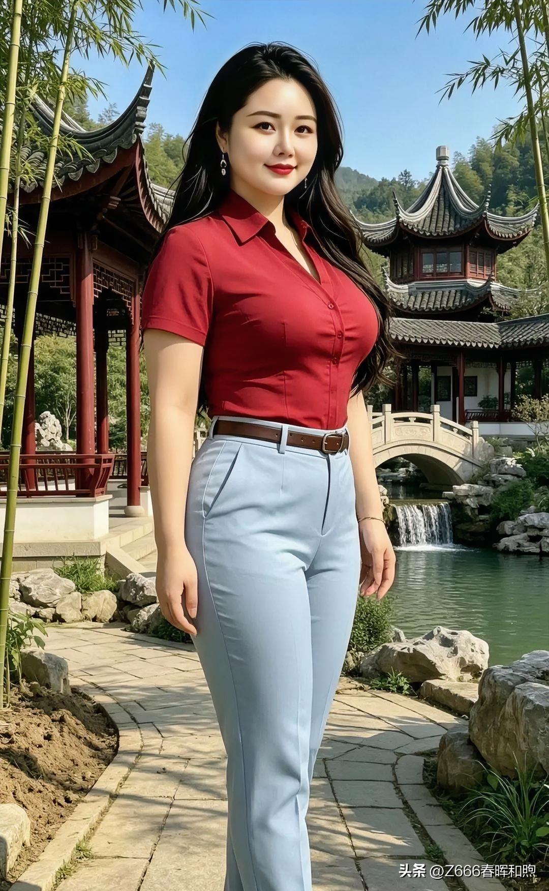 红衫映日，浅蓝曳地，亭阁竹影间，伊人如玉。一顾一笑，尽是东方风华。