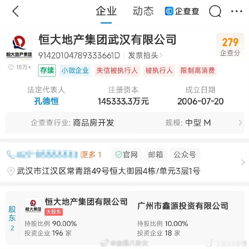 恒大地产旗下公司超10亿股权被冻结恒大地产集团武汉公司超10亿股权被冻结，冻结期