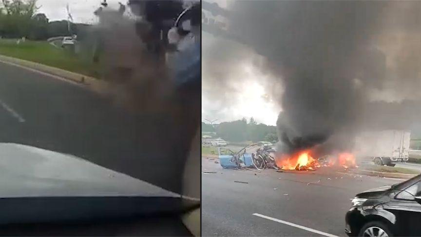 【浙江一蔚来汽车撞上路柱后起火：零件四散而飞，车身被烧成空壳】8月1日，浙江义乌