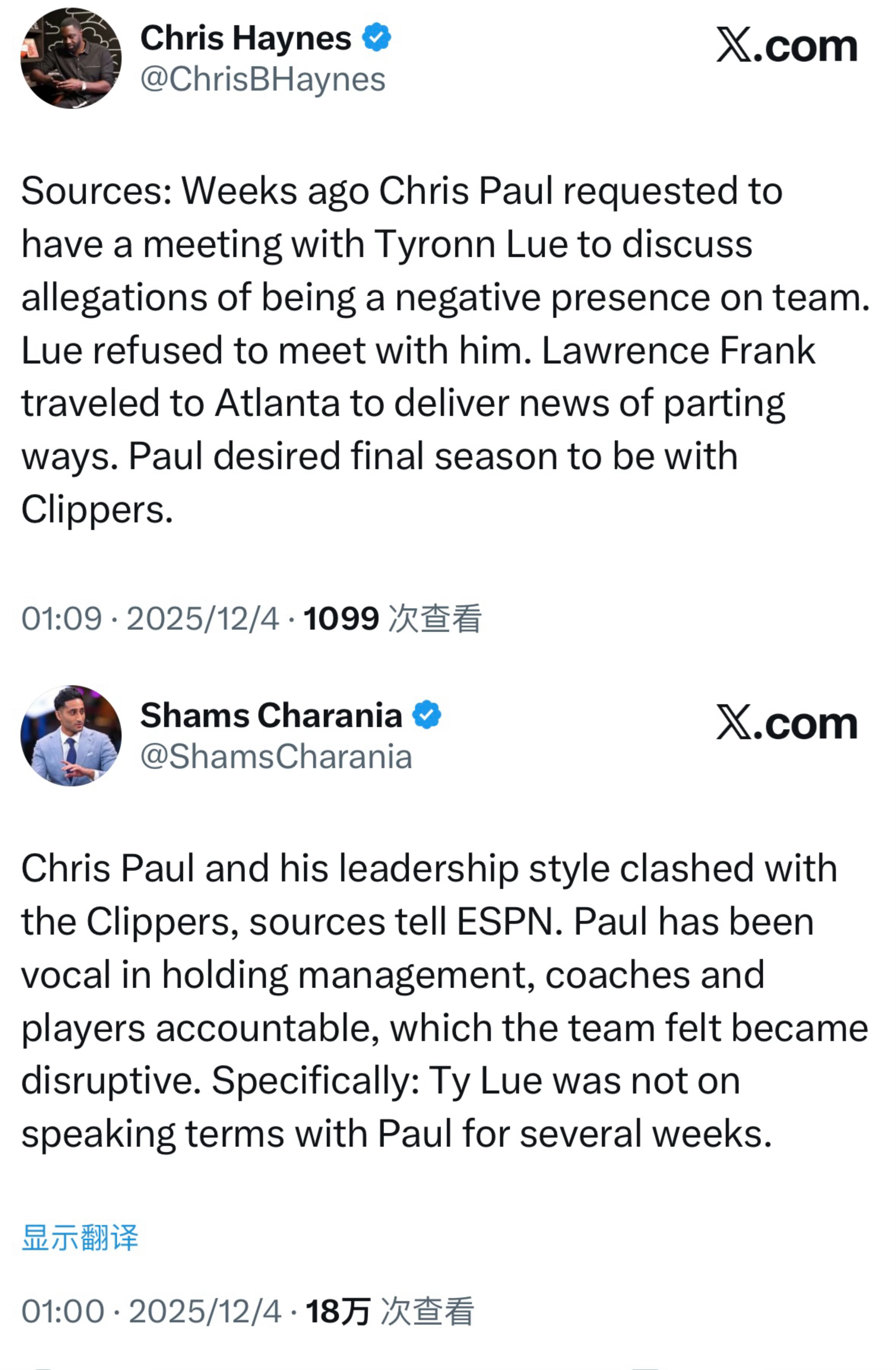 Chris Haynes：消息人士透露，几周前克里斯·保罗曾请求与泰伦·卢会面，