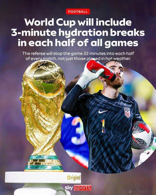【官方】FIFA宣布，明年美加墨世界杯的上下半场中段（进行22分钟时）有强制补水