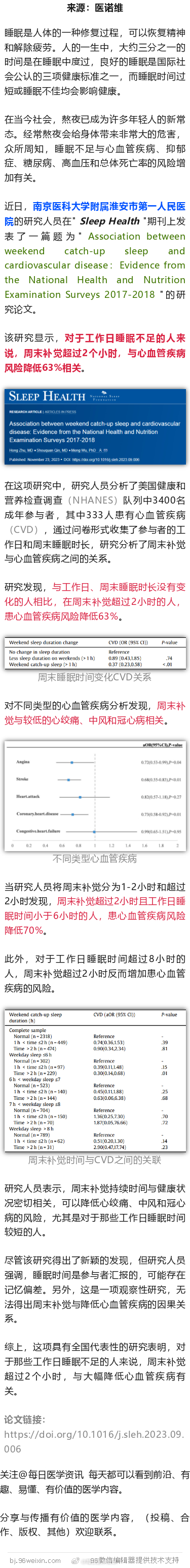 南京医科大学研究，平时睡得少，周末补个觉，心脏病风险或降低63%近日，南京医科大