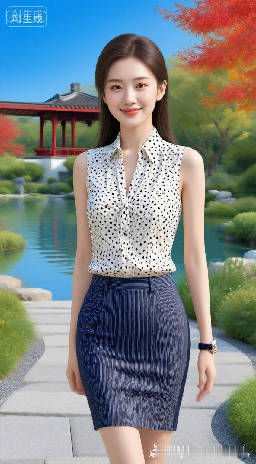 园林石径上，白衣女子身姿曼妙，浅笑望向前方。米白波点上衣配条纹短裙，脚踩高跟，景