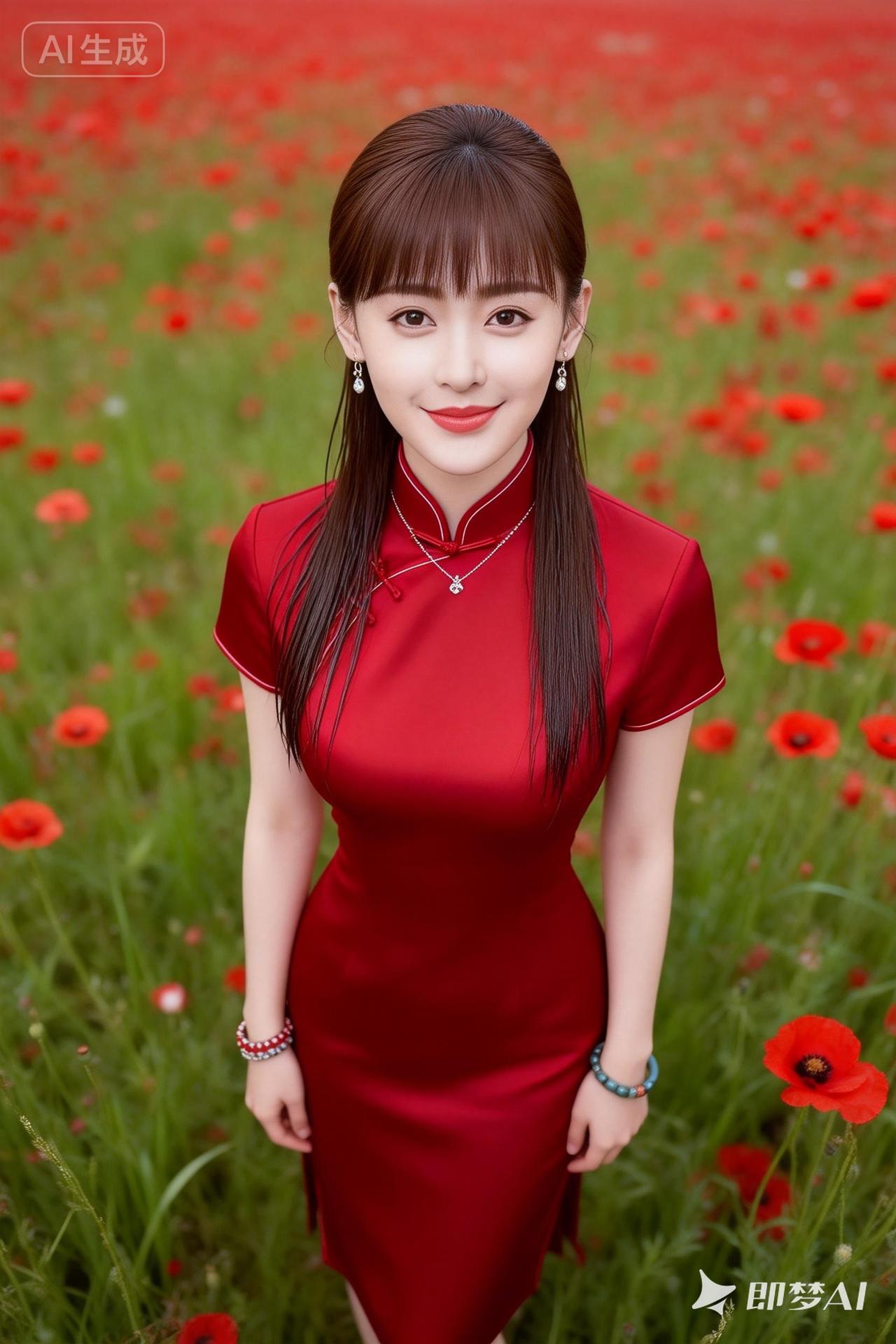 红裙少女在花海中绽放，甜美笑容，尽显青春活力！🌸💖