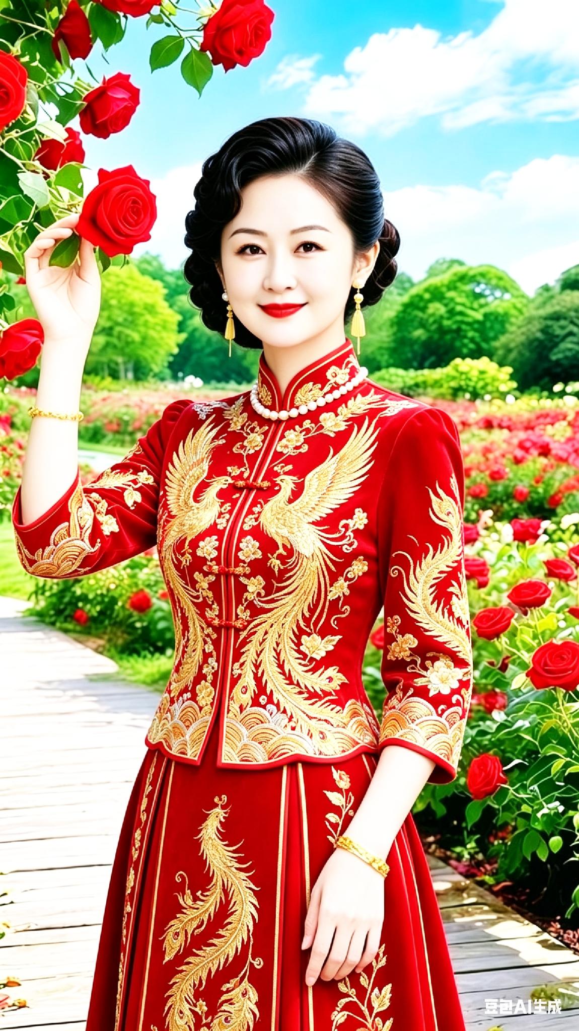 穿旗袍的女士在花丛中拍照。
