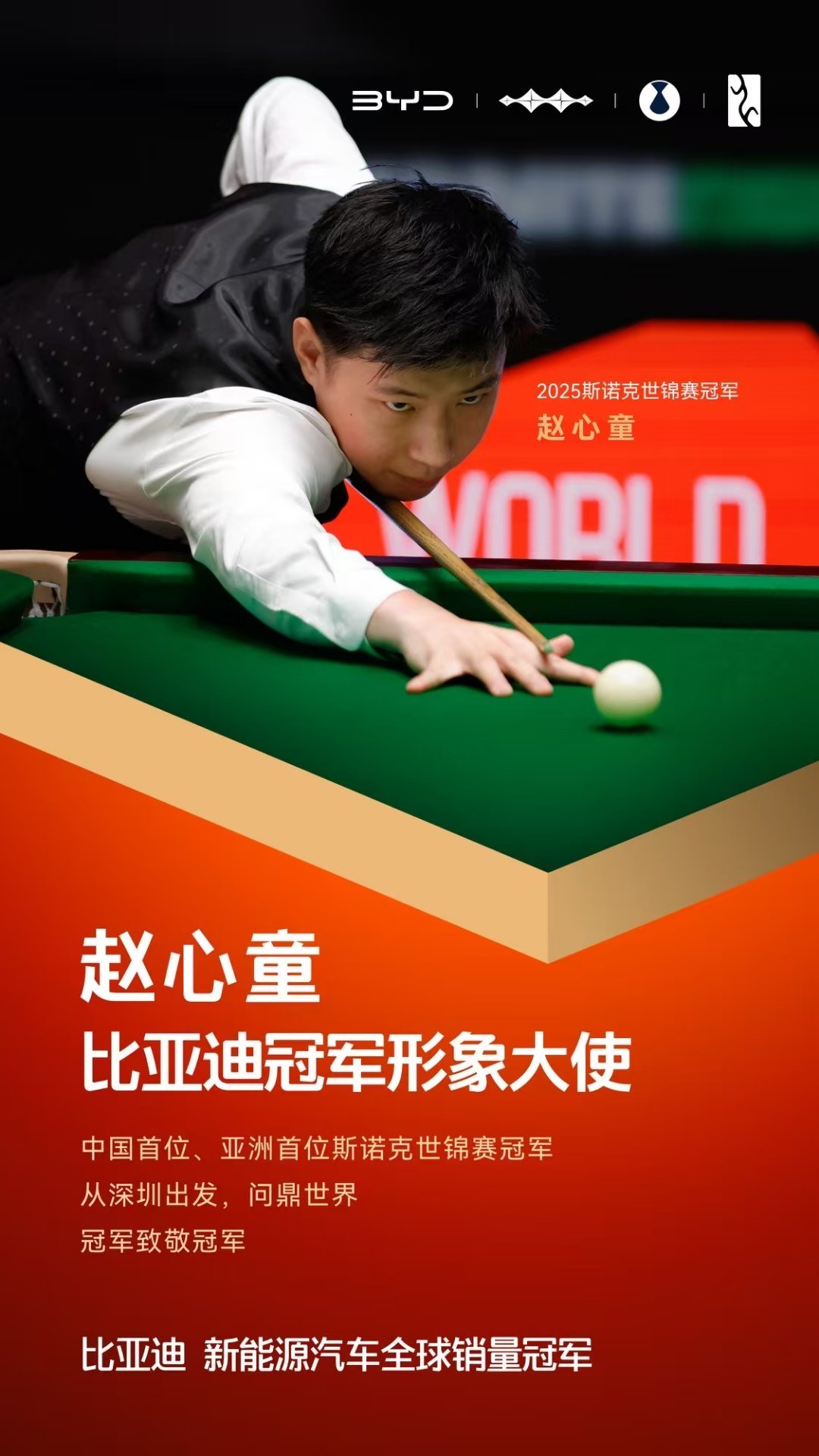 果不其然！赵心童！比亚迪冠军形象大使！稍前时间，赵心童勇夺2025斯诺克世锦赛冠