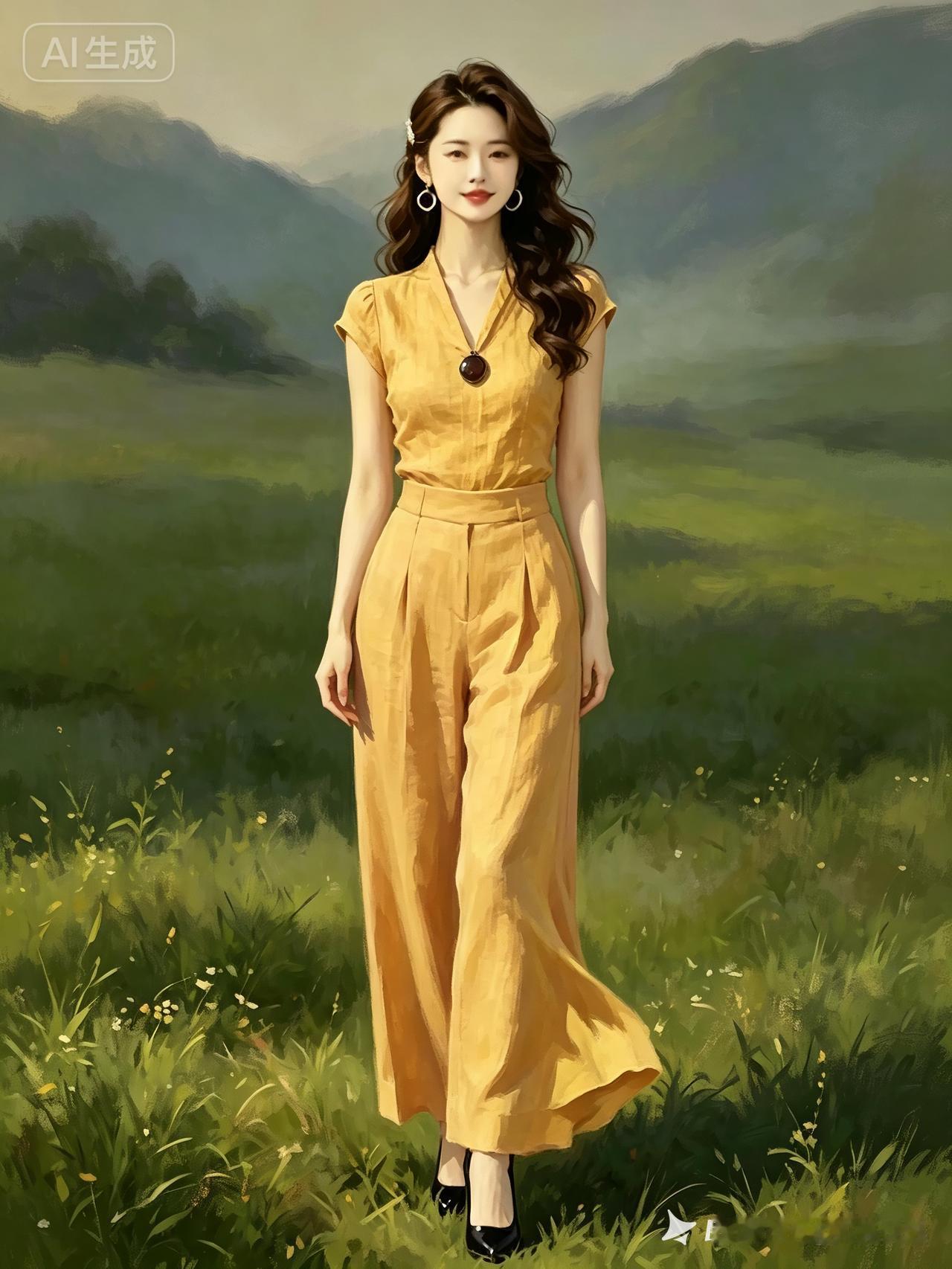 东方亚洲女性，目光温柔，沙漏型身材，身穿紧身米白色有袖亚麻上衣，搭同色阔腿裤，宽