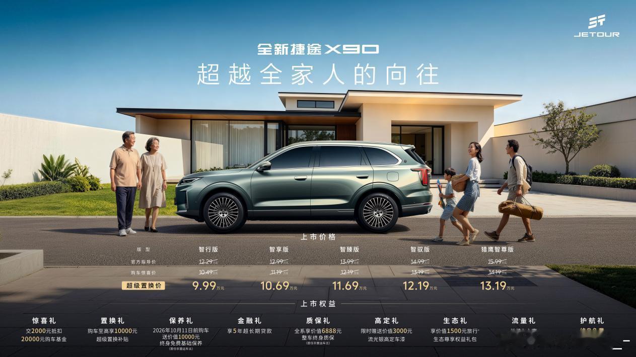 全新捷途X90上市了，置换9.99万起。大五座七座都有，空间看着确实够家用。这个
