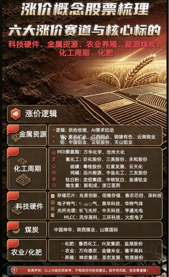 涨价概念股票梳理，六大涨价赛道与核心标的涨价逻辑金属资源逻辑：供给收缩，AI 需