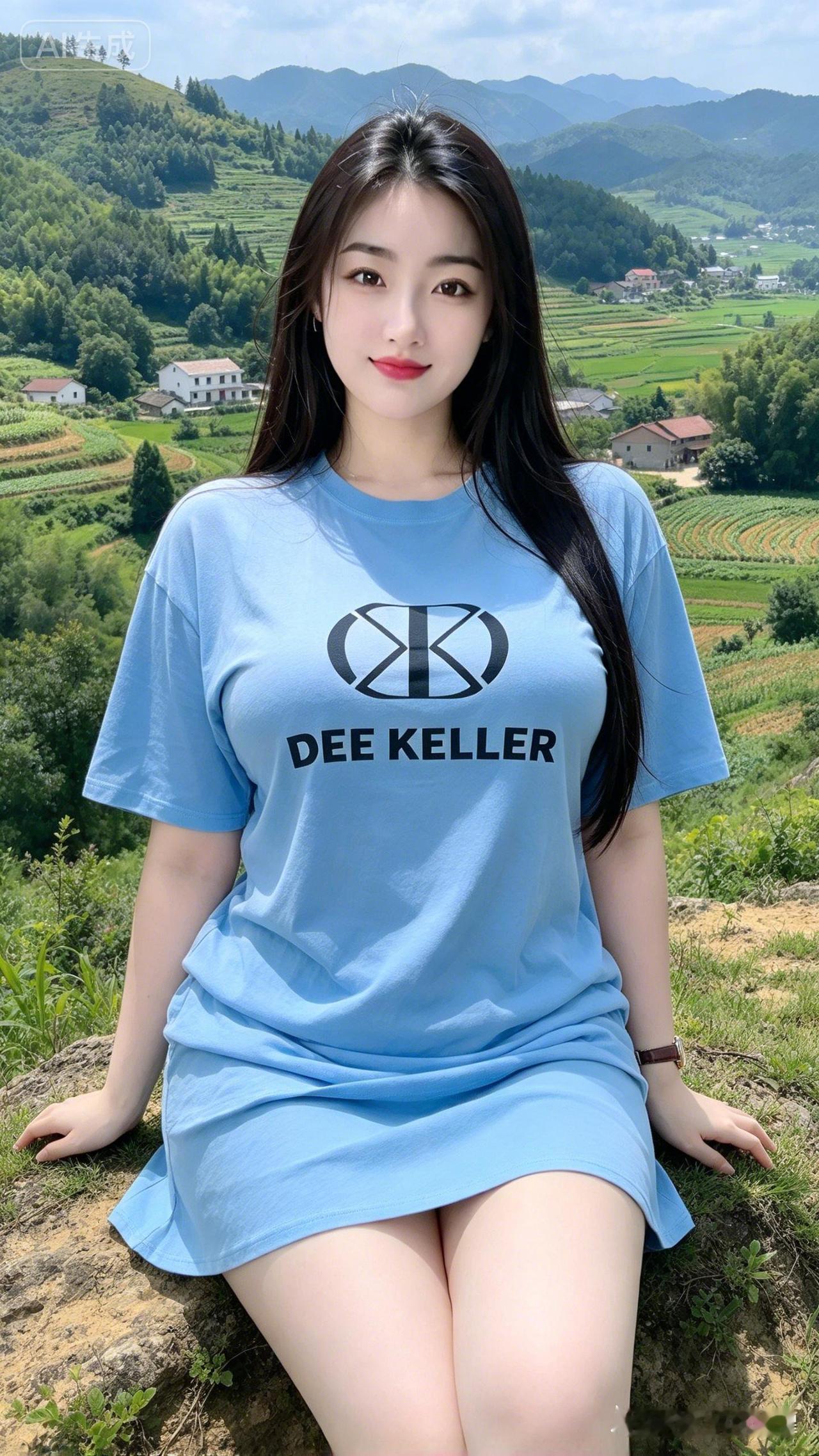 这姑娘在山间美景中拍照。