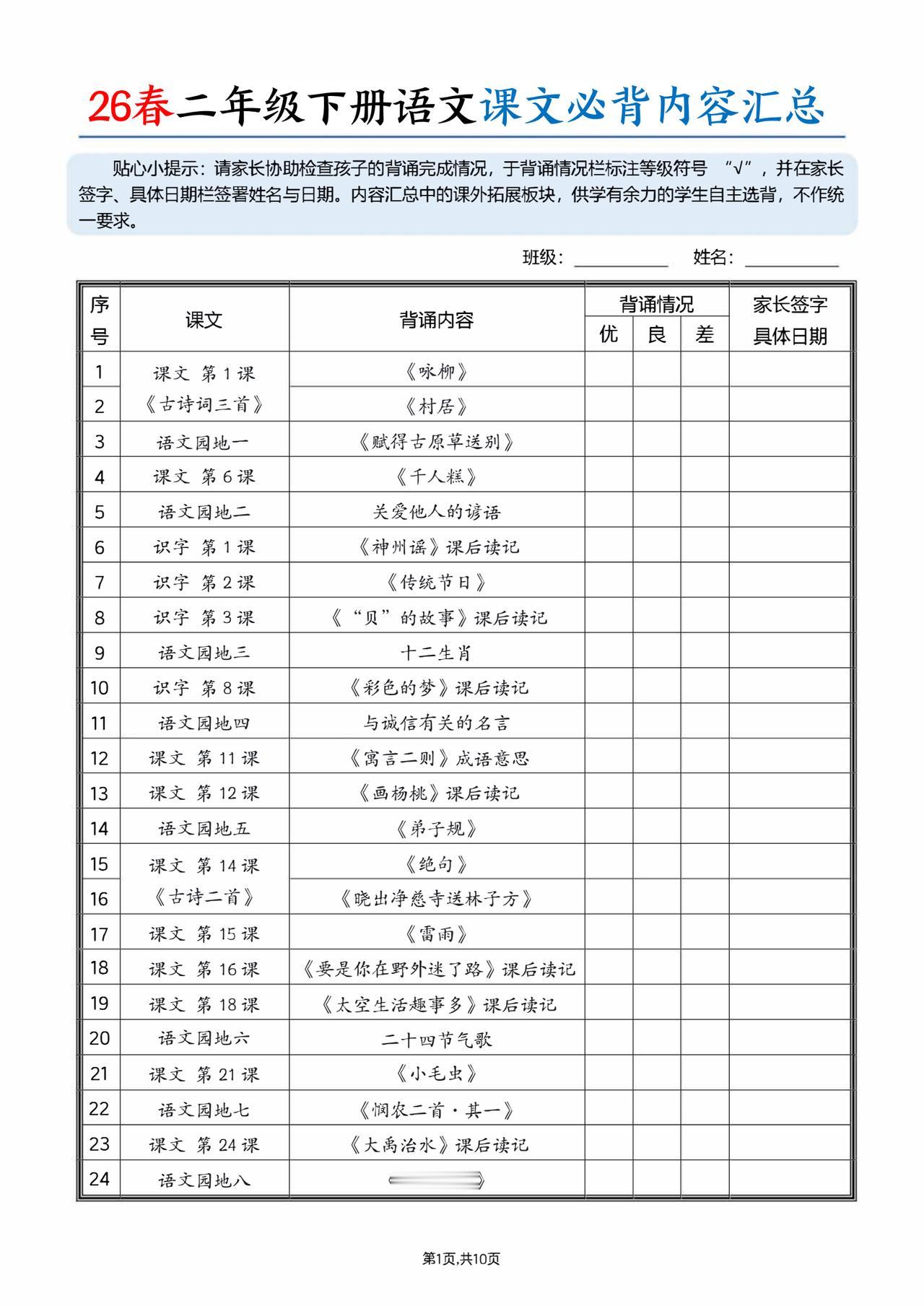 26春二年级下册语文课文必背内容汇总（10页），收藏备用