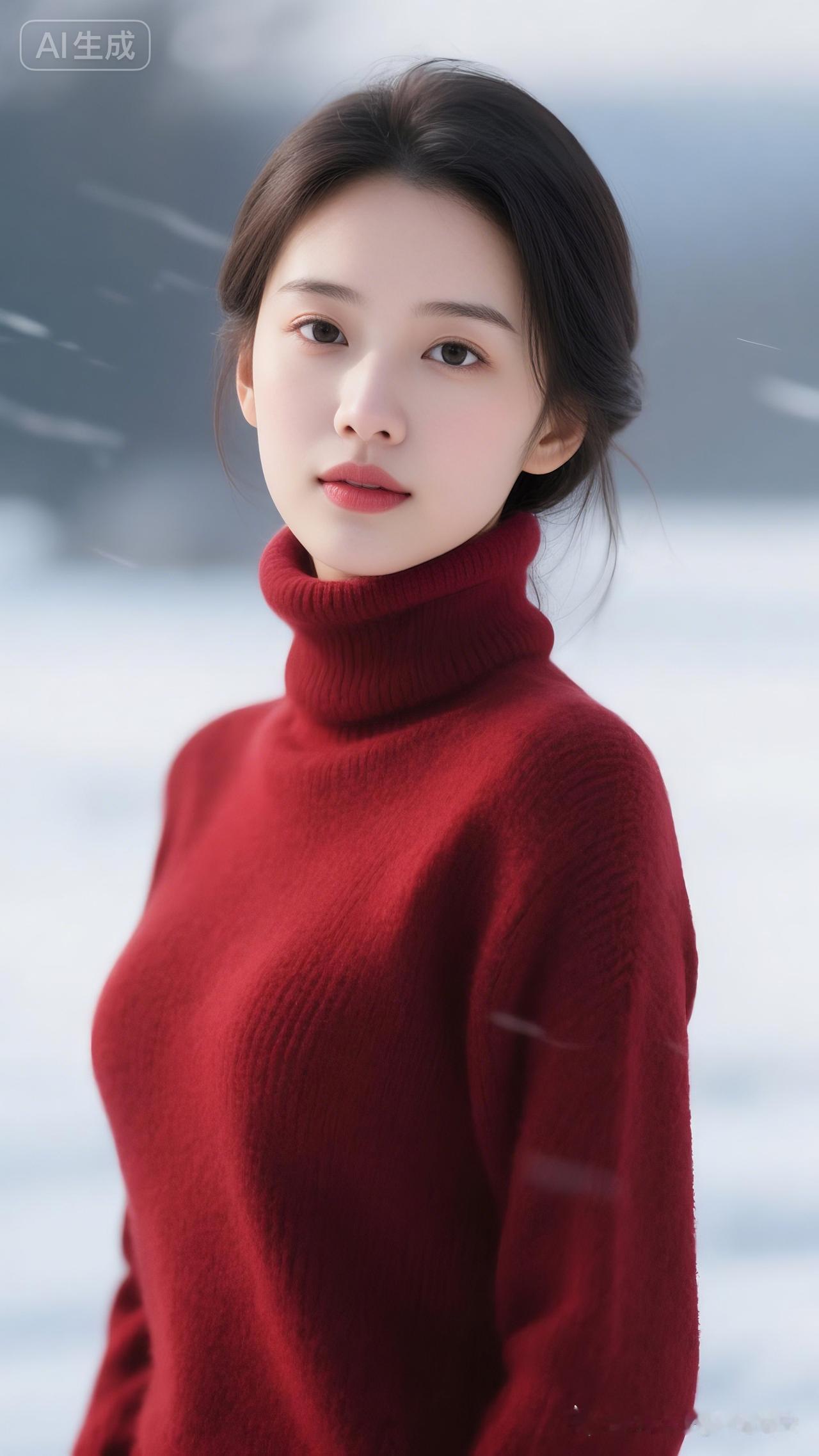 冬日暖阳下的红衣少女，温柔如雪。