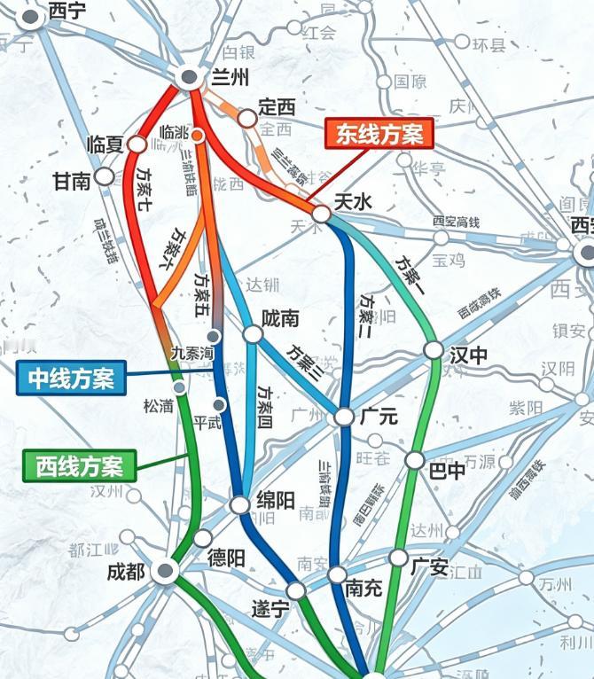 兰渝高铁到底走哪条线？现在争议越来越集中！
东线往天水走，中线考虑陇南，西线则把