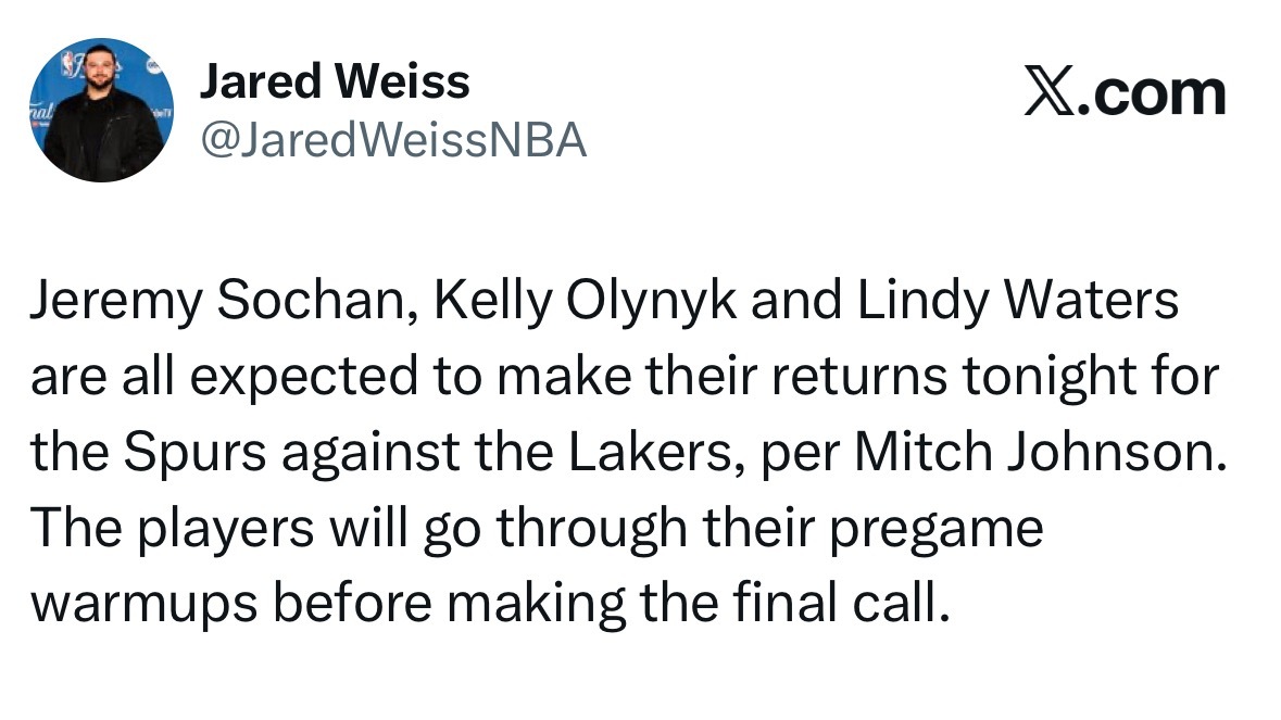 索汉、奥利尼克和林迪·沃特斯预计均将在今晚对阵湖人的比赛中复出，先参加赛前热身，