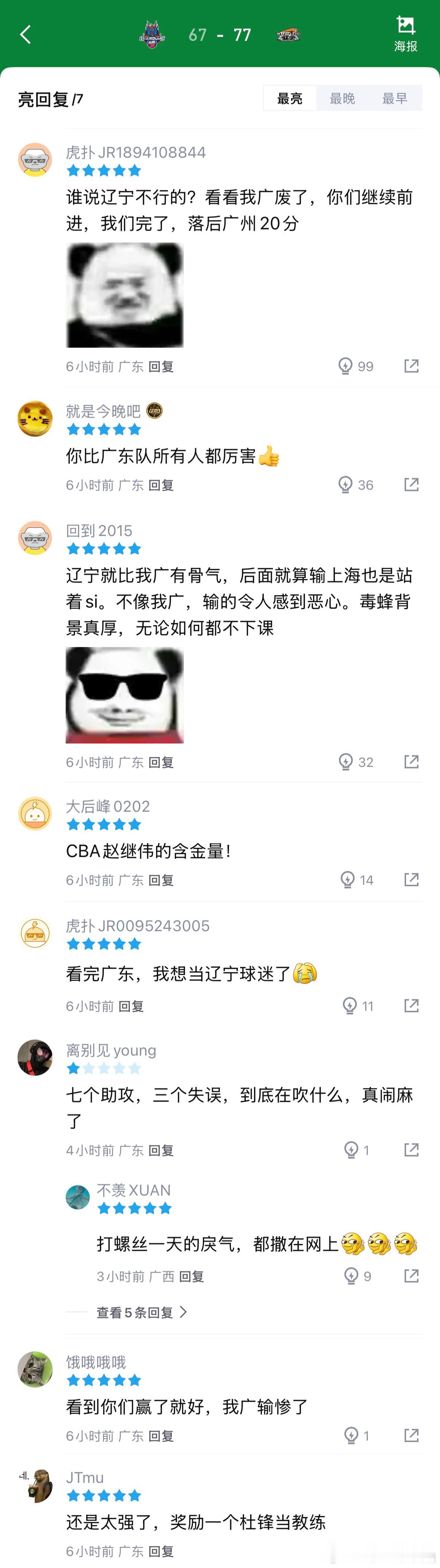 山东男篮vs辽宁男篮广东球迷崩溃了，纷纷跑到继伟的评分下面留言，祝福辽宁。CBA