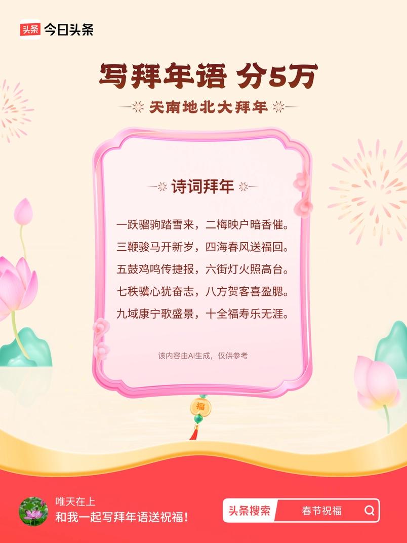 三鞭骏马开新岁，四海春风送福回。 五鼓鸡鸣传捷报，六街灯火照高台。 七秩骥心犹奋