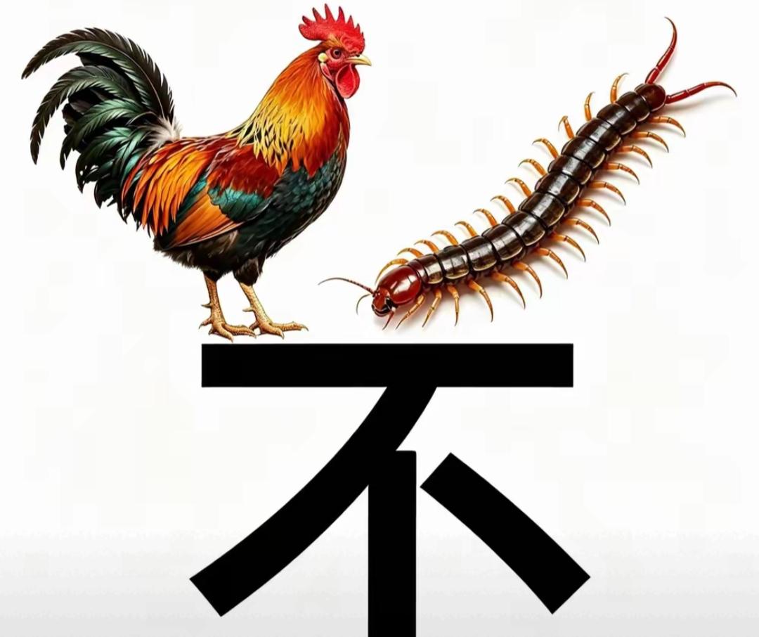 公鸡和蜈蚣在一起，表示“不”。这个是高难度，这个组合是什么词语呢？有人能说出来吗