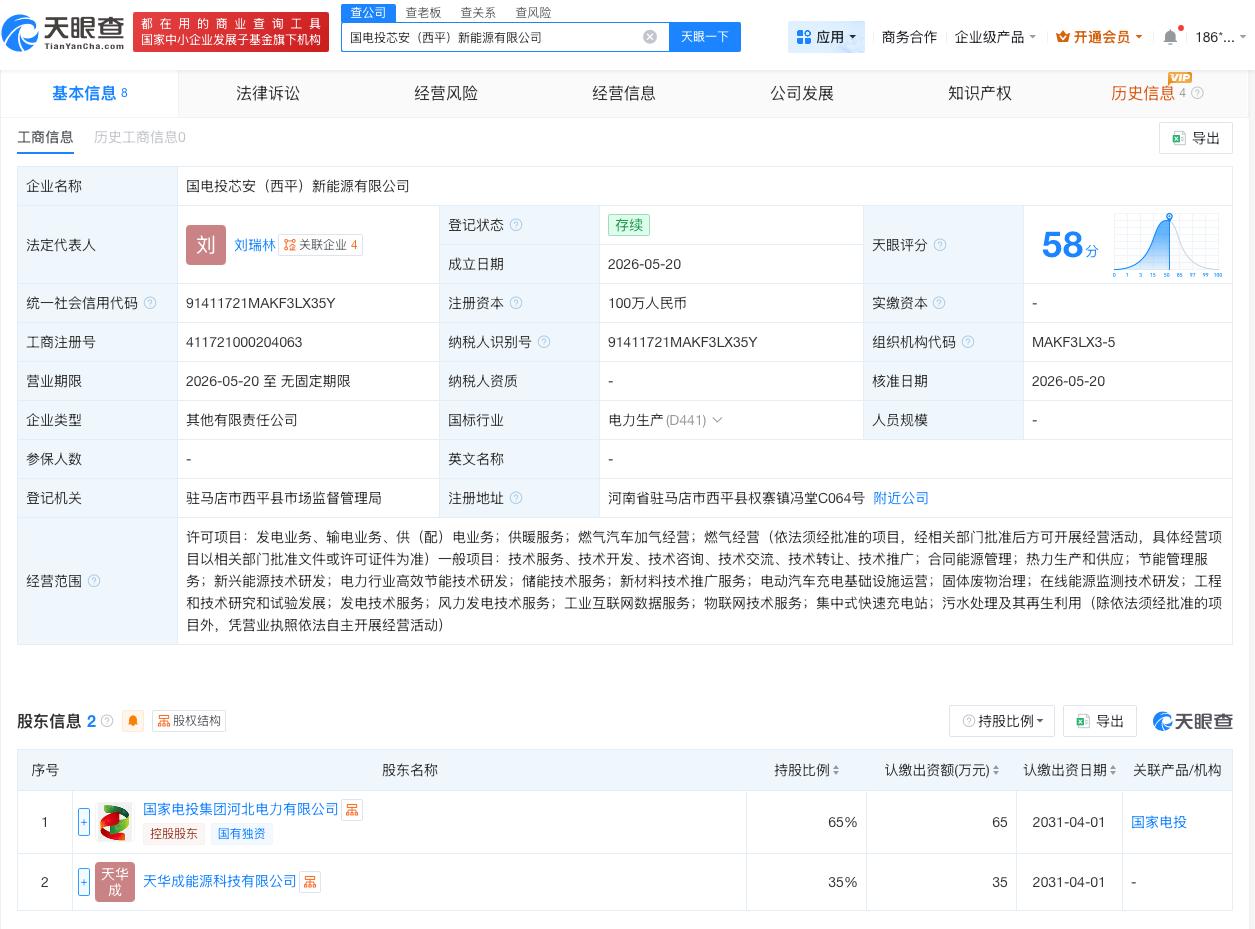 国家电投等在河南成立新公司

天眼查App显示，近日，国电投芯安（西平）新能源有