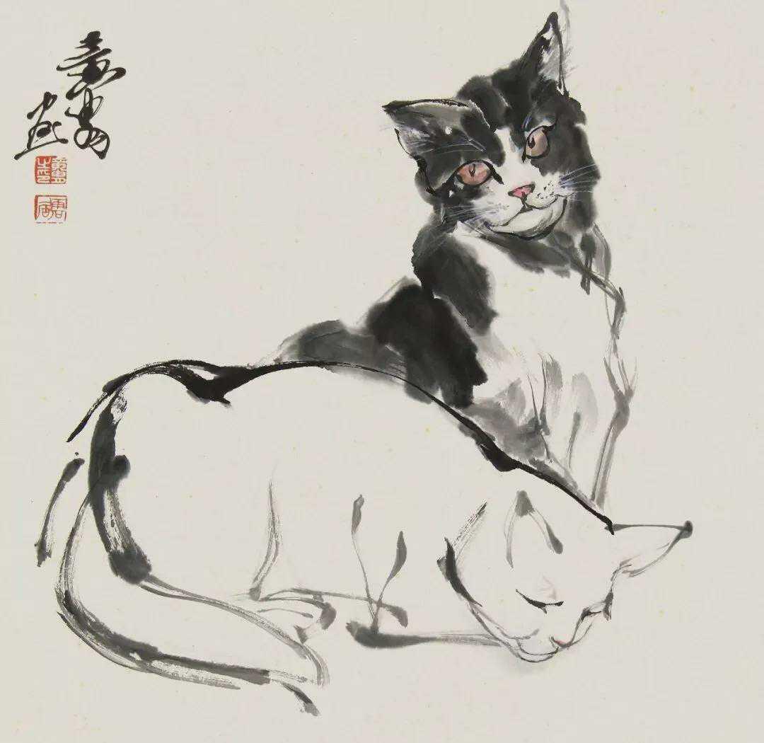 作者加速成长计划这幅画非常的简单，只有两只猫，两种色调，却把猫咪的神态画活了。只