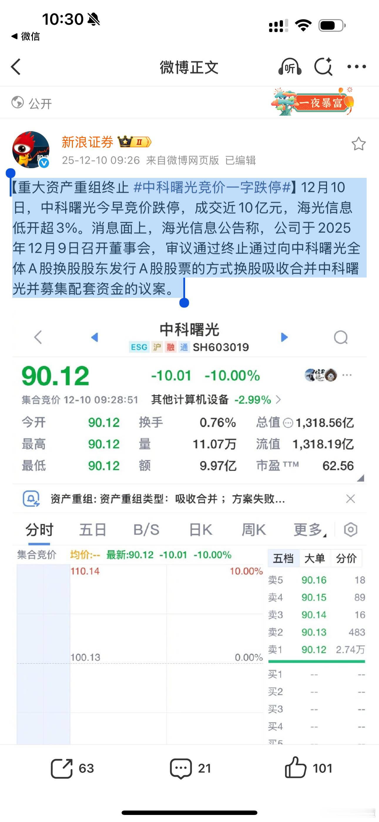 【重大资产重组终止 中科曙光竞价一字跌停】10亿封死跌停板！突发！中科曙光今早竞