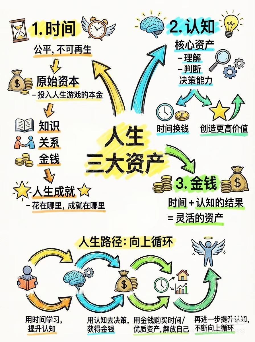 人生真正的三大资产，90%的人只盯着钱💰
 
很多人一辈子都搞错了，拼命攒金钱