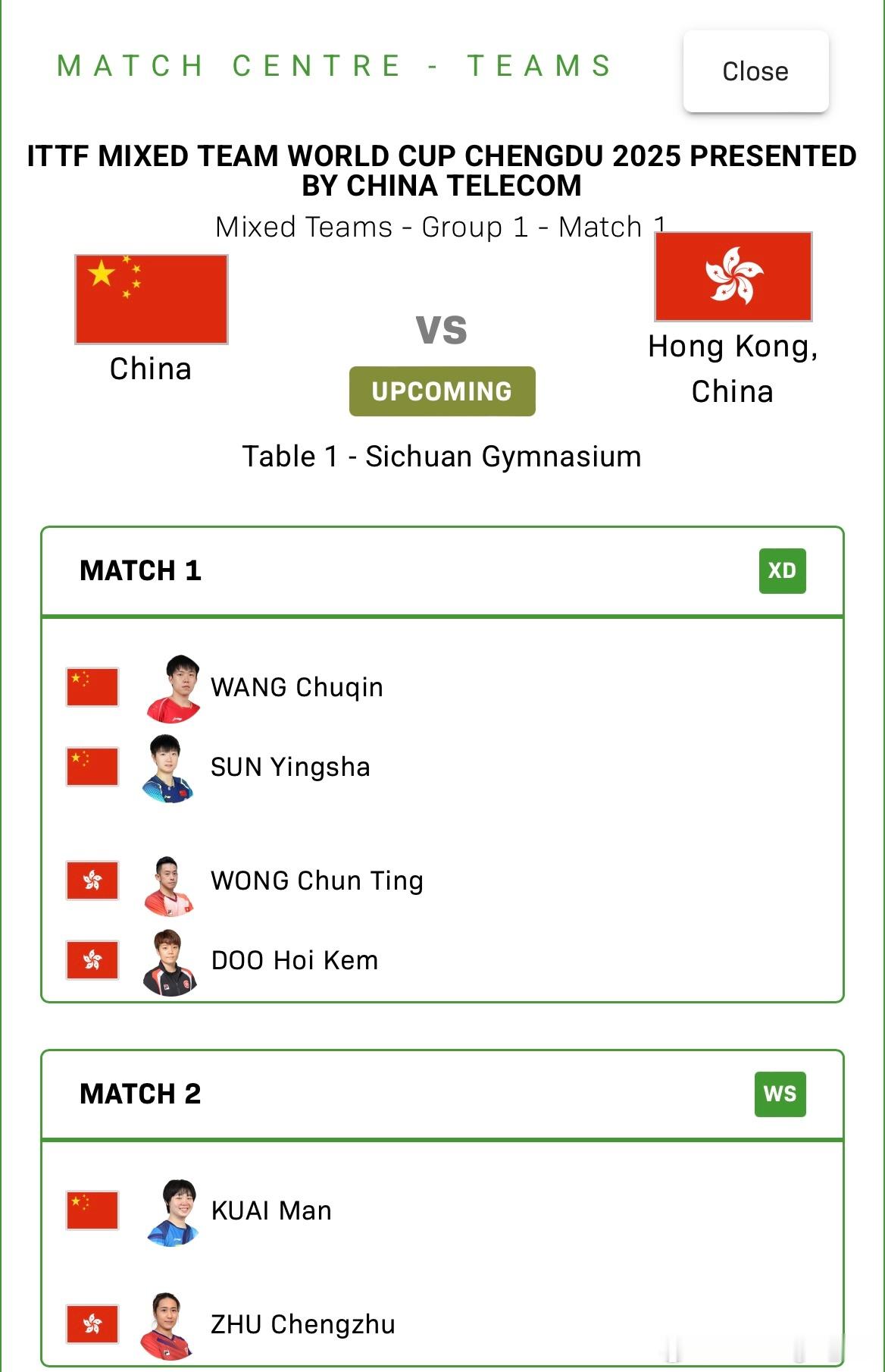 2025成都混合团体世界杯 Group 1🇨🇳中国🆚中国香港🇭🇰混双：
