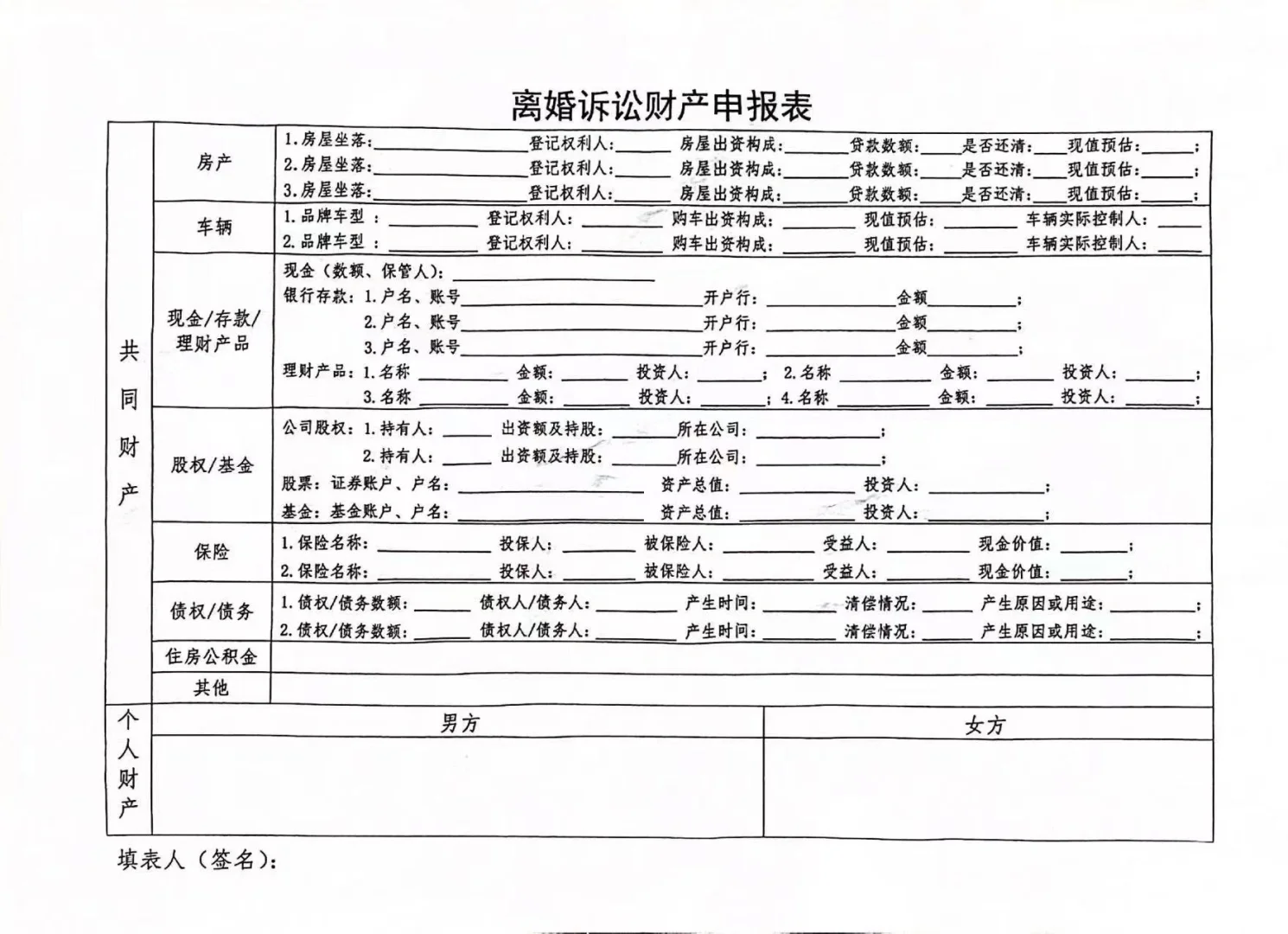 西安离婚诉讼财产申报表